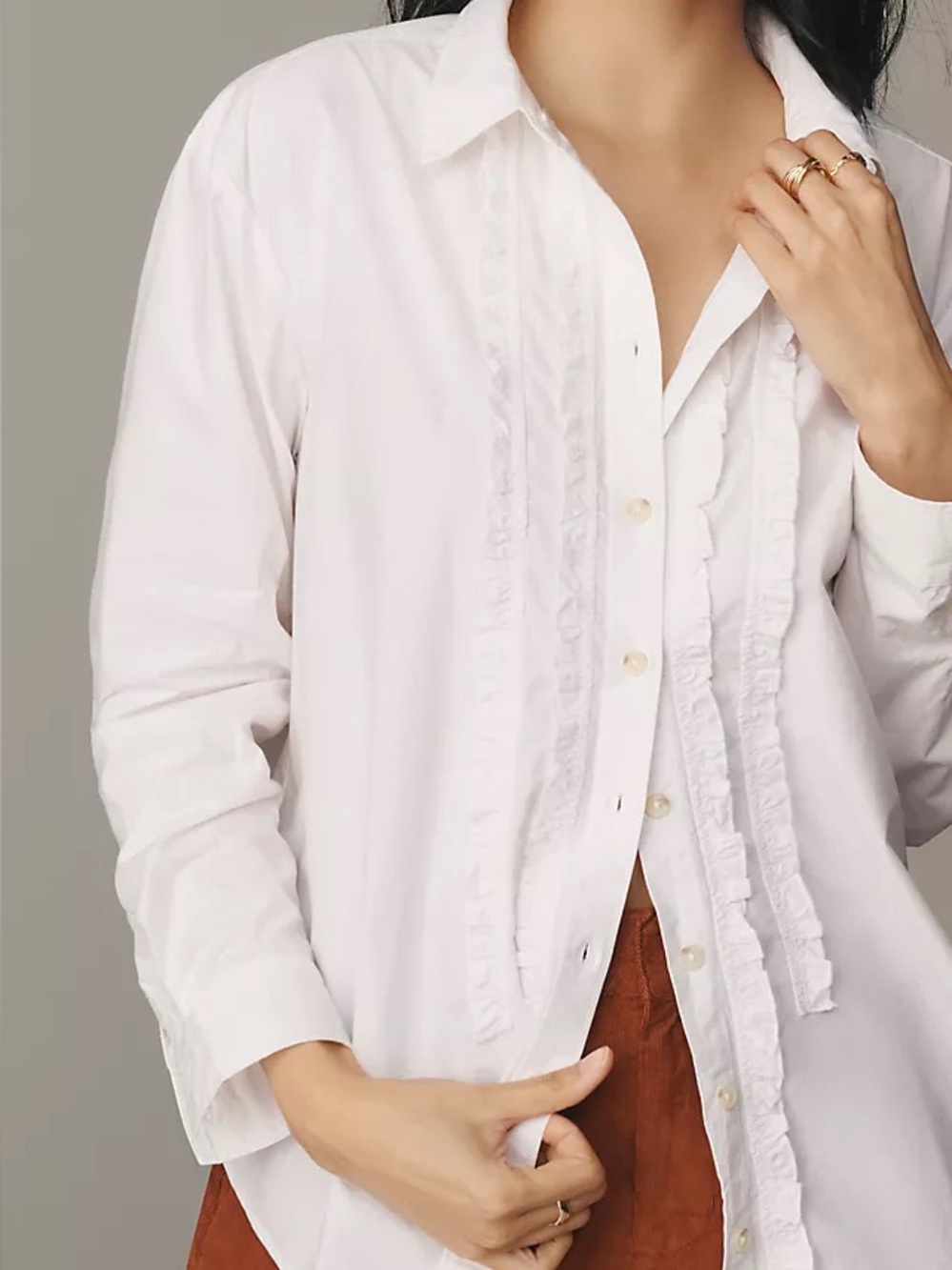 Anthropologie Pilcro White Linen Blend Frayed Ruffle Button Down Shirt Small